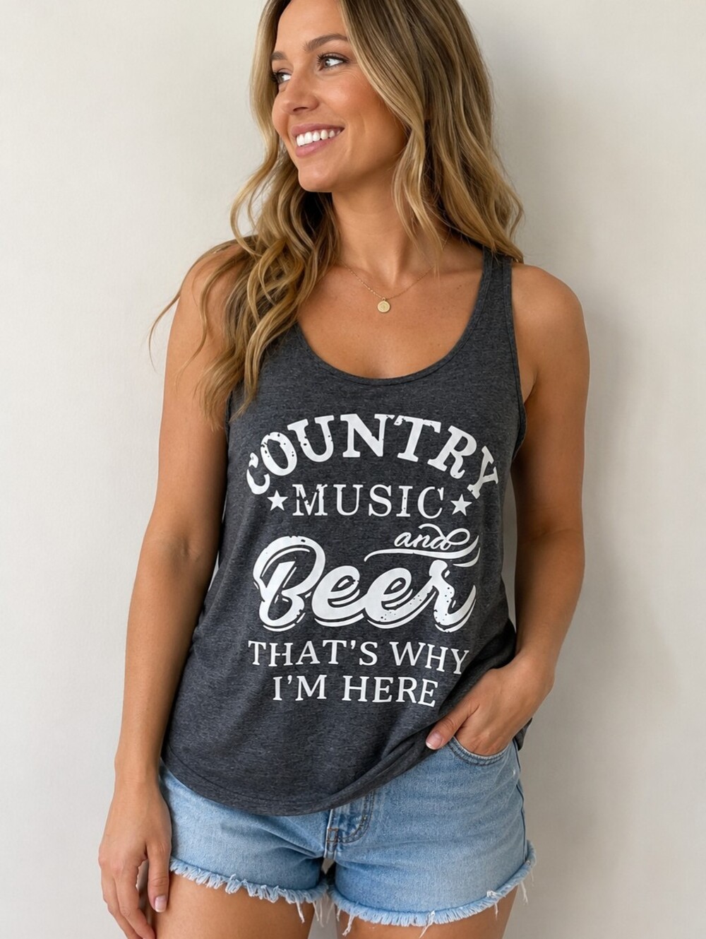 Country Music & Beer, That's Why I'm Here Racer Back Tank T-shirt Charco…